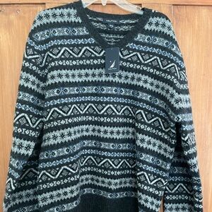 NWT Nautica Men’s Black Gray Blue Wool Pullover Sweater L